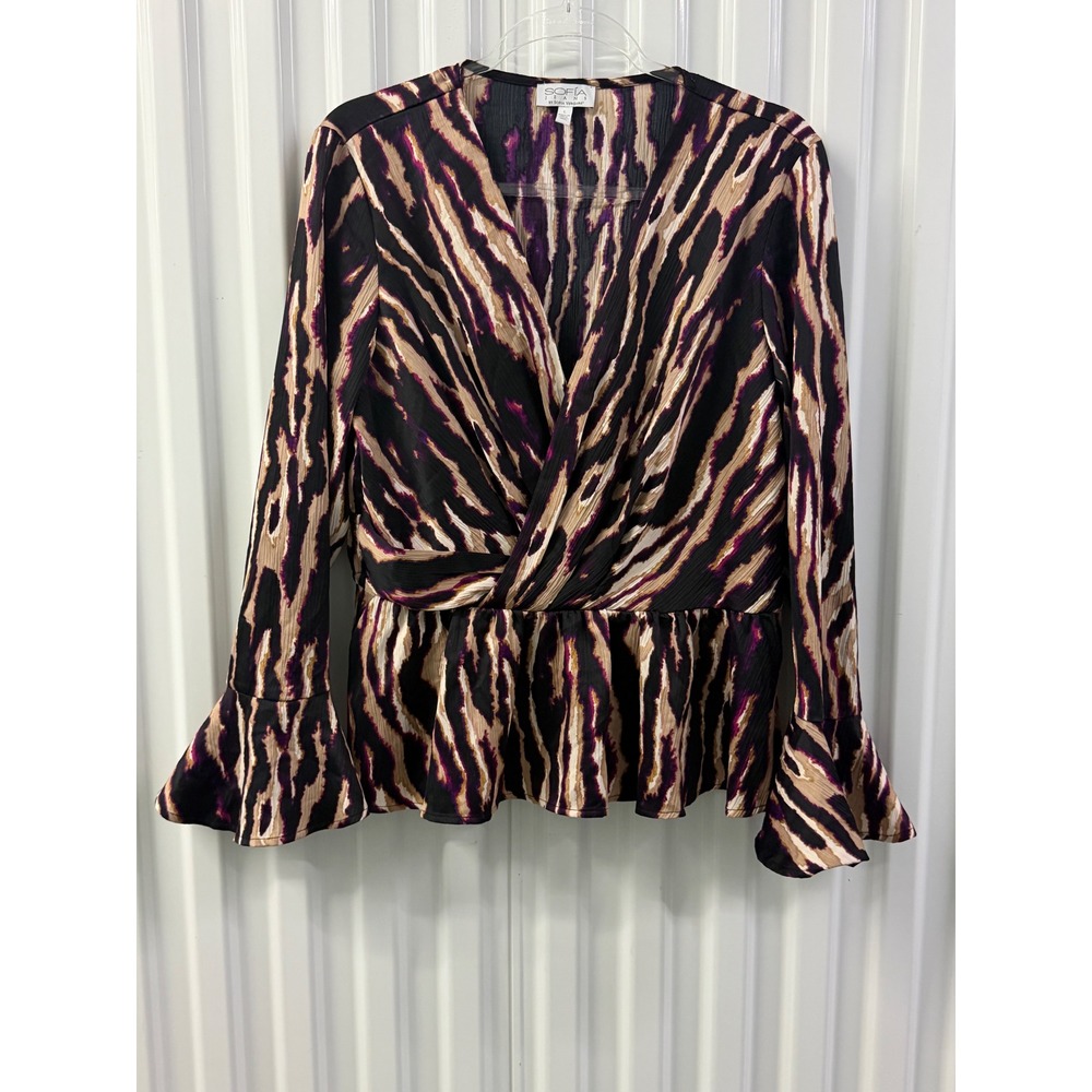 Sofia Jeans Peplum Top Women L Purple Animal Print Excellent Bell Sleeve Wrap
